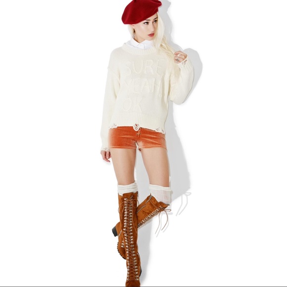 WILDFOX Chunky Knit Distressed “Sure Yeah Ok” Graphic Oversized Sweater Cream - Picture 14 of 16